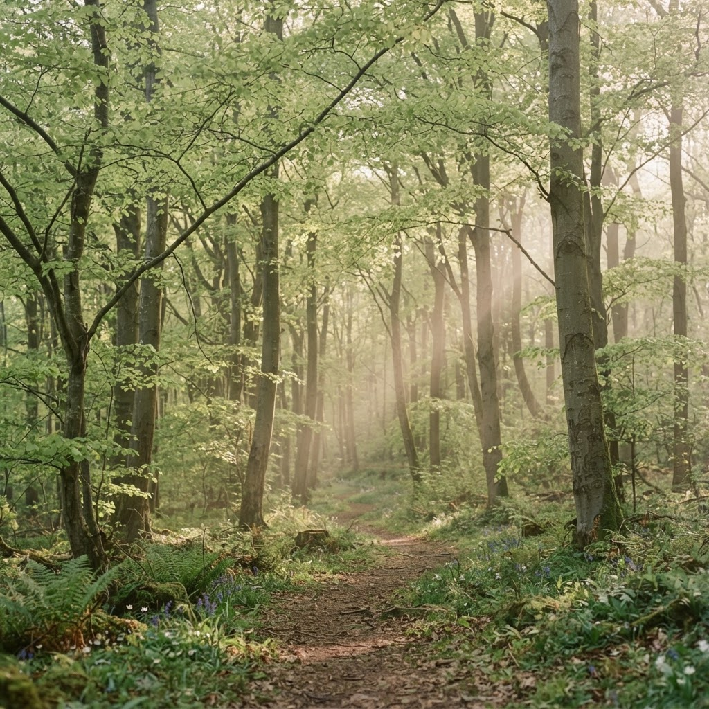 Sunlight filtering through a calm green forest