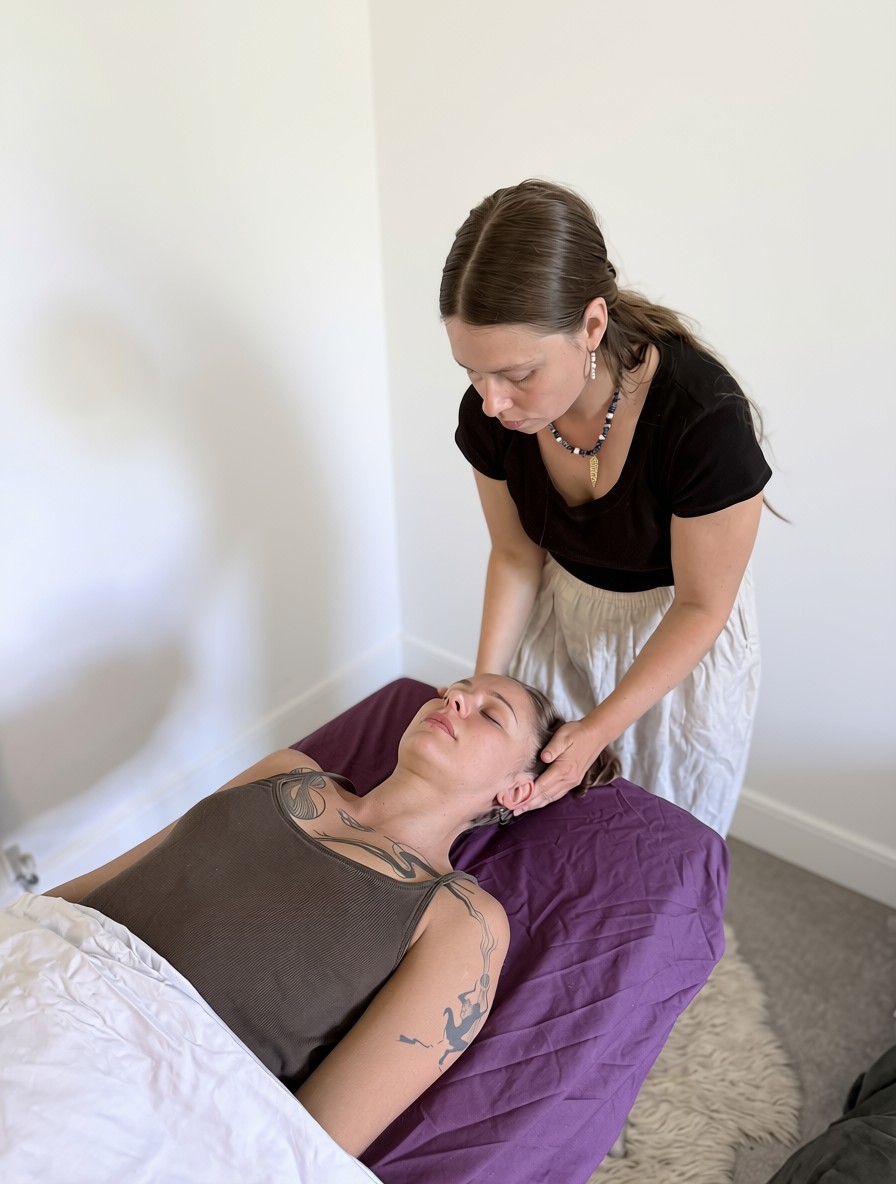 Biodynamic Massage session, gently cradling the client’s head and neck